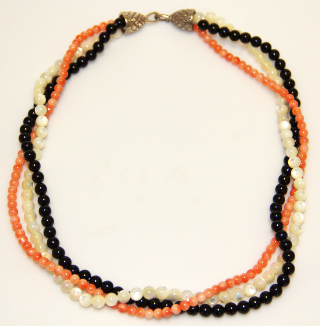 Pink Coral / mother of pearl / and onyx Necklace