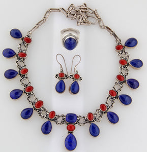 Natural Coral and lapis Necklace Set.