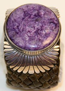 Charoite-Leather and Sterling Silver Cuff Bracelet