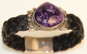 Natural Charoite-Leather and Sterling Silver Bracelet